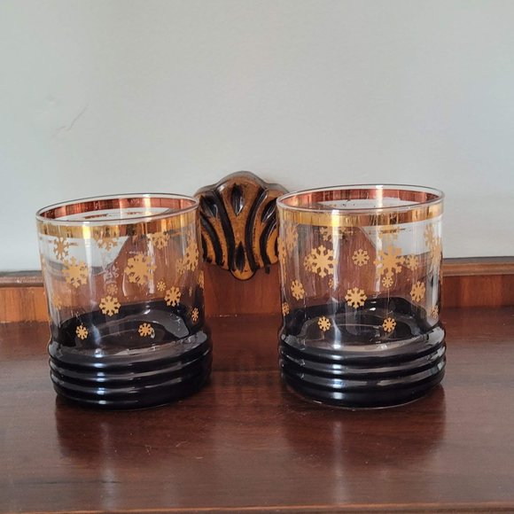 MCM Gold Rimmed Gold Snowflake Glass Tumblers - Picture 1 of 4